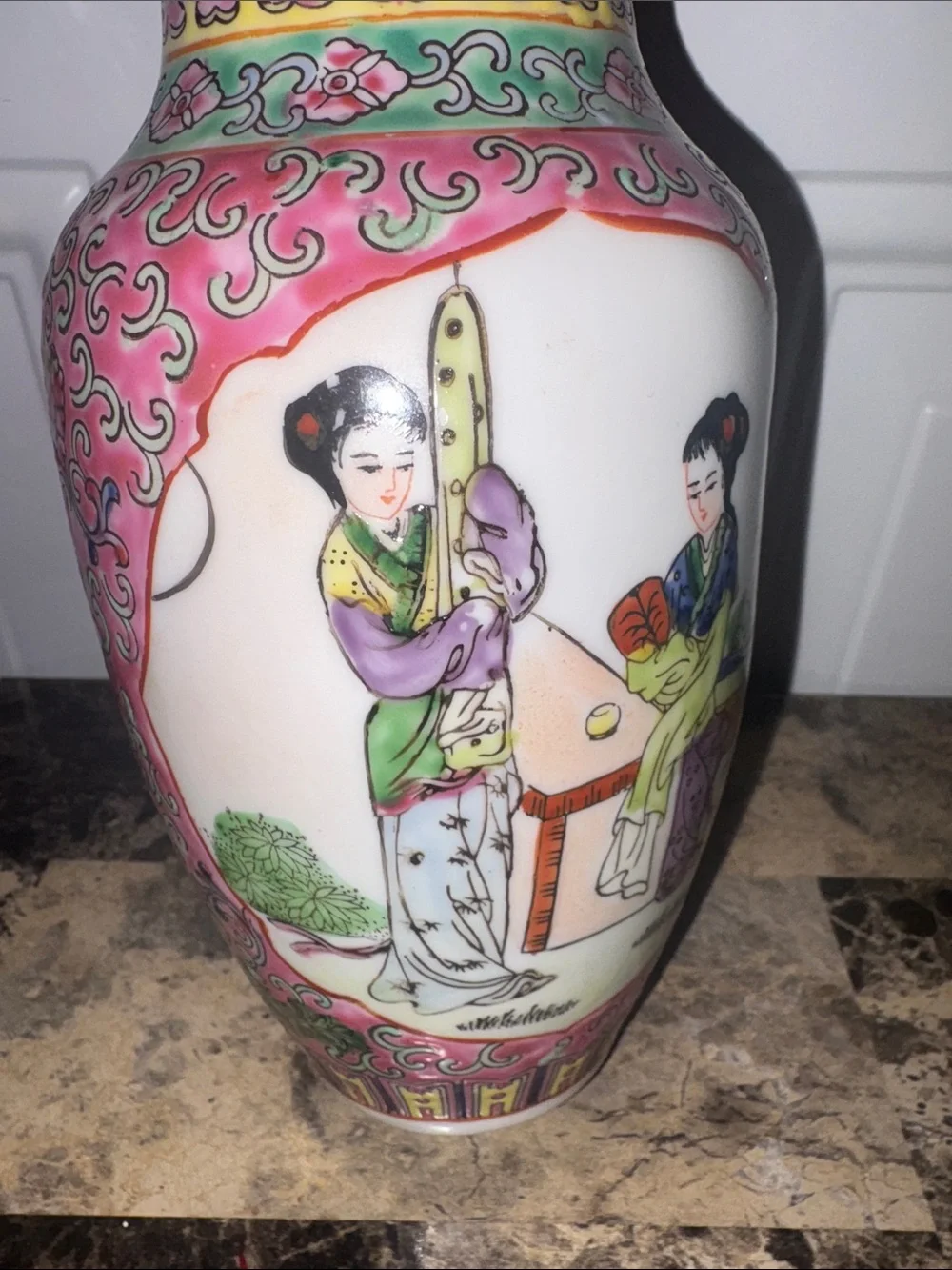 Vintage Porcelain Decorative Vase in Pink and Green